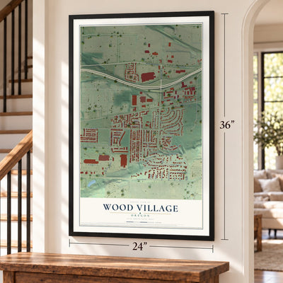 Wood Village, Oregon map, 24 x 36 inch print in a black frame by a staircase