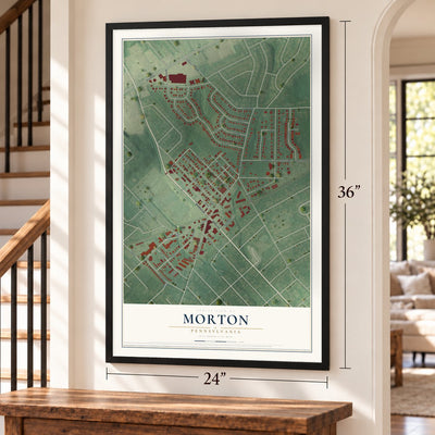 Morton, Pennsylvania map, 24 x 36 inch print in a black frame by a staircase