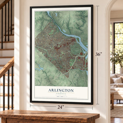 Arlington, Virginia map, 24 x 36 inch print in a black frame by a staircase