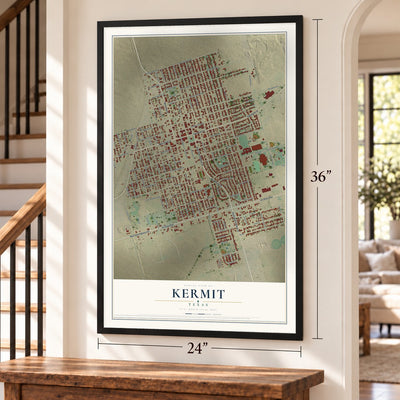 Kermit, Texas map, 24 x 36 inch print in a black frame by a staircase