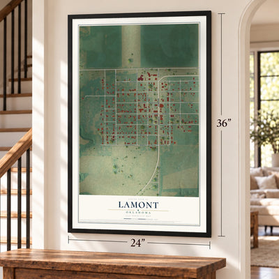 Lamont, Oklahoma map, 24 x 36 inch print in a black frame by a staircase