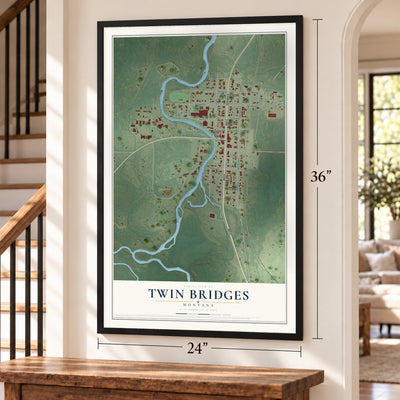 Twin Bridges, Montana map, 24 x 36 inch print in a black frame by a staircase