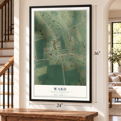 Ward, South Carolina map, 24 x 36 inch print in a black frame by a staircase