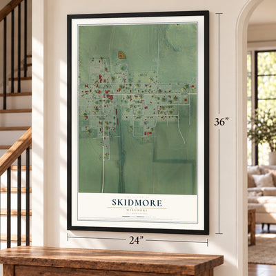 Skidmore, Missouri map, 24 x 36 inch print in a black frame by a staircase