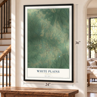 White Plains, Georgia map, 24 x 36 inch print in a black frame by a staircase