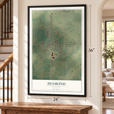 Diamond, Missouri map, 24 x 36 inch print in a black frame by a staircase