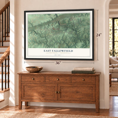 East Fallowfield, Chester County, Pennsylvania map, 24 x 36 inch print in a black frame above a dresser by a staircase
