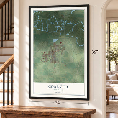Coal City, Illinois map, 24 x 36 inch print in a black frame by a staircase