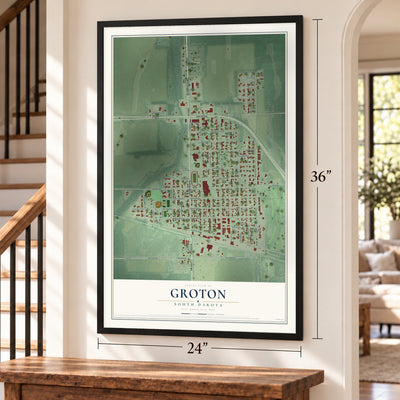 Groton, South Dakota map, 24 x 36 inch print in a black frame by a staircase