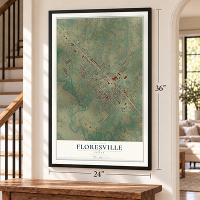 Floresville, Texas map, 24 x 36 inch print in a black frame by a staircase