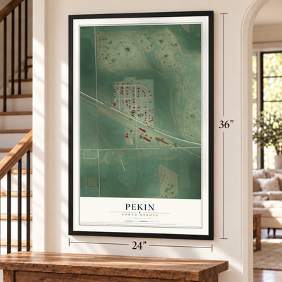 Pekin, North Dakota map, 24 x 36 inch print in a black frame by a staircase
