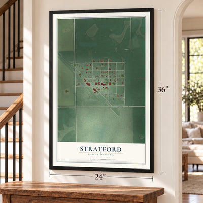 Stratford, South Dakota map, 24 x 36 inch print in a black frame by a staircase