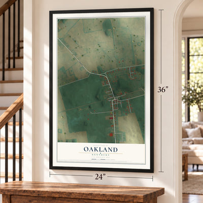 Oakland, Kentucky map, 24 x 36 inch print in a black frame by a staircase