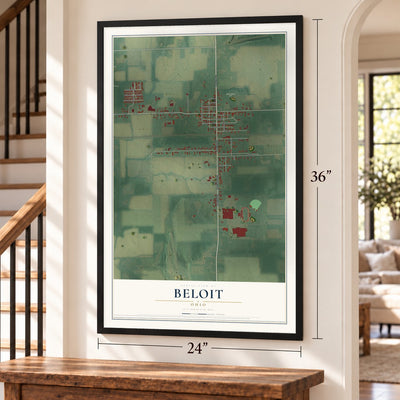 Beloit, Ohio map, 24 x 36 inch print in a black frame by a staircase