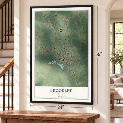 Brooklet, Georgia map, 24 x 36 inch print in a black frame by a staircase