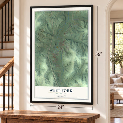 West Fork, Arkansas map, 24 x 36 inch print in a black frame by a staircase