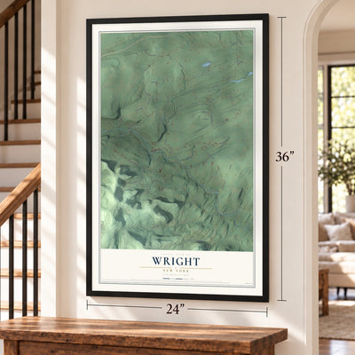 Wright, New York map, 24 x 36 inch print in a black frame by a staircase