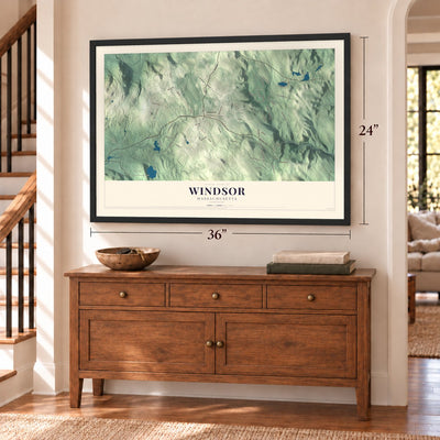 Windsor, Massachusetts map, 24 x 36 inch print in a black frame above a dresser by a staircase