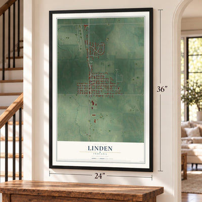Linden, Indiana map, 24 x 36 inch print in a black frame by a staircase