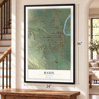 Basin, Wyoming map, 24 x 36 inch print in a black frame by a staircase
