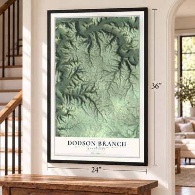 Dodson Branch, Tennessee map, 24 x 36 inch print in a black frame by a staircase