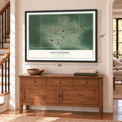 Davenport, Nebraska map, 24 x 36 inch print in a black frame above a dresser by a staircase