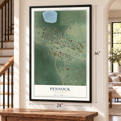 Pennock, Minnesota map, 24 x 36 inch print in a black frame by a staircase