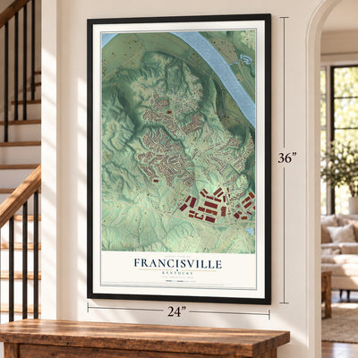 Francisville, Kentucky map, 24 x 36 inch print in a black frame by a staircase