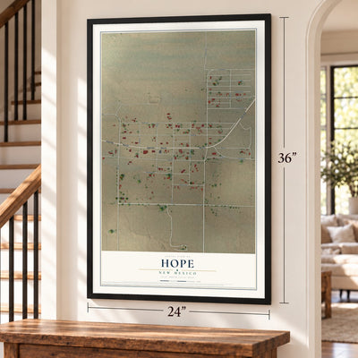 Hope, New Mexico map, 24 x 36 inch print in a black frame by a staircase
