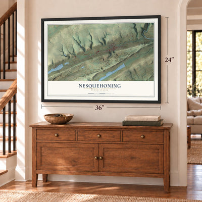 Nesquehoning, Pennsylvania map, 24 x 36 inch print in a black frame above a dresser by a staircase
