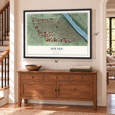 Seward, Minnesota map, 24 x 36 inch print in a black frame above a dresser by a staircase