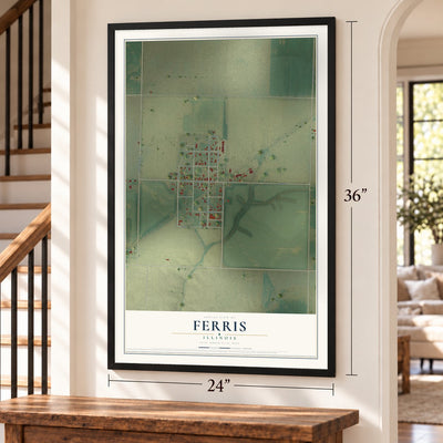 Ferris, Illinois map, 24 x 36 inch print in a black frame by a staircase