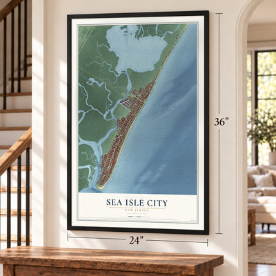 Sea Isle City, New Jersey map, 24 x 36 inch print in a black frame by a staircase