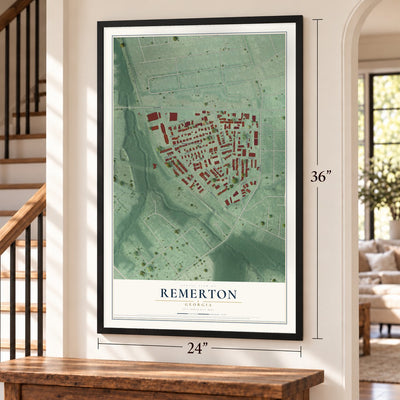 Remerton, Georgia map, 24 x 36 inch print in a black frame by a staircase