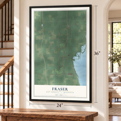 Fraser, Bay County, Michigan map, 24 x 36 inch print in a black frame by a staircase