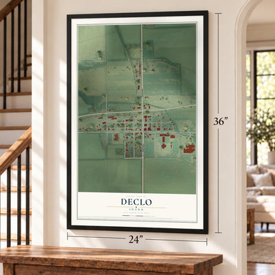 Declo, Idaho map, 24 x 36 inch print in a black frame by a staircase