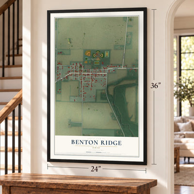 Benton Ridge, Ohio map, 24 x 36 inch print in a black frame by a staircase