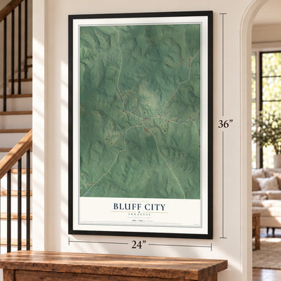 Bluff City, Arkansas map, 24 x 36 inch print in a black frame by a staircase