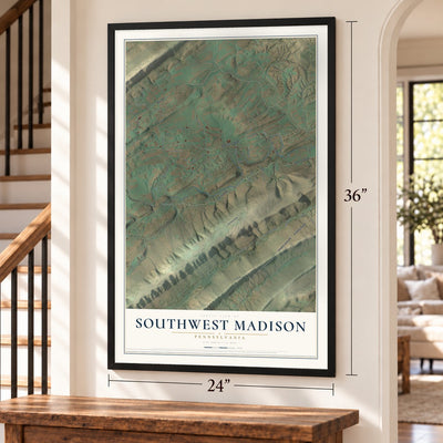 Southwest Madison, Pennsylvania map, 24 x 36 inch print in a black frame by a staircase