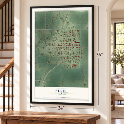 Sigel, Illinois map, 24 x 36 inch print in a black frame by a staircase