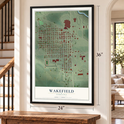 Wakefield, Nebraska map, 24 x 36 inch print in a black frame by a staircase