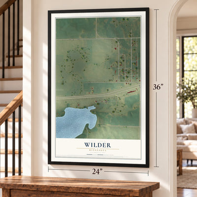 Wilder, Minnesota map, 24 x 36 inch print in a black frame by a staircase