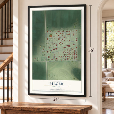 Pilger, Nebraska map, 24 x 36 inch print in a black frame by a staircase