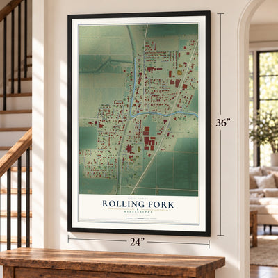 Rolling Fork, Mississippi map, 24 x 36 inch print in a black frame by a staircase