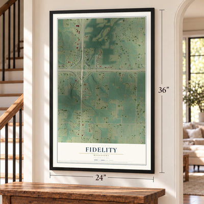 Fidelity, Missouri map, 24 x 36 inch print in a black frame by a staircase