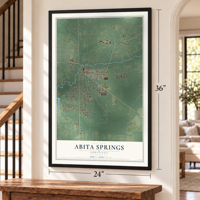 Abita Springs, Louisiana map, 24 x 36 inch print in a black frame by a staircase