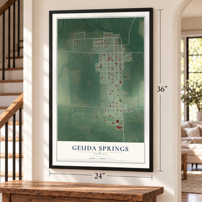 Geuda Springs, Kansas map, 24 x 36 inch print in a black frame by a staircase