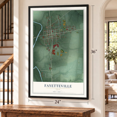 Fayetteville, Ohio map, 24 x 36 inch print in a black frame by a staircase