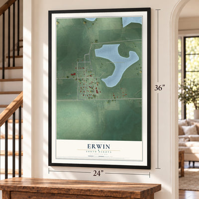 Erwin, South Dakota map, 24 x 36 inch print in a black frame by a staircase
