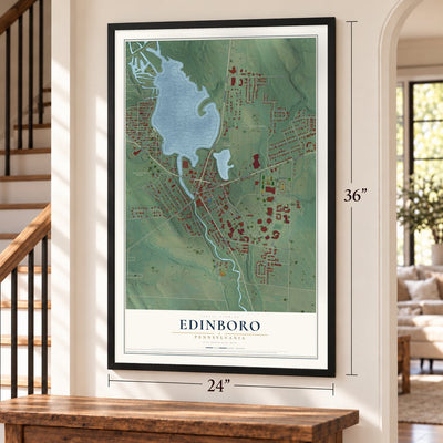 Edinboro, Pennsylvania map, 24 x 36 inch print in a black frame by a staircase